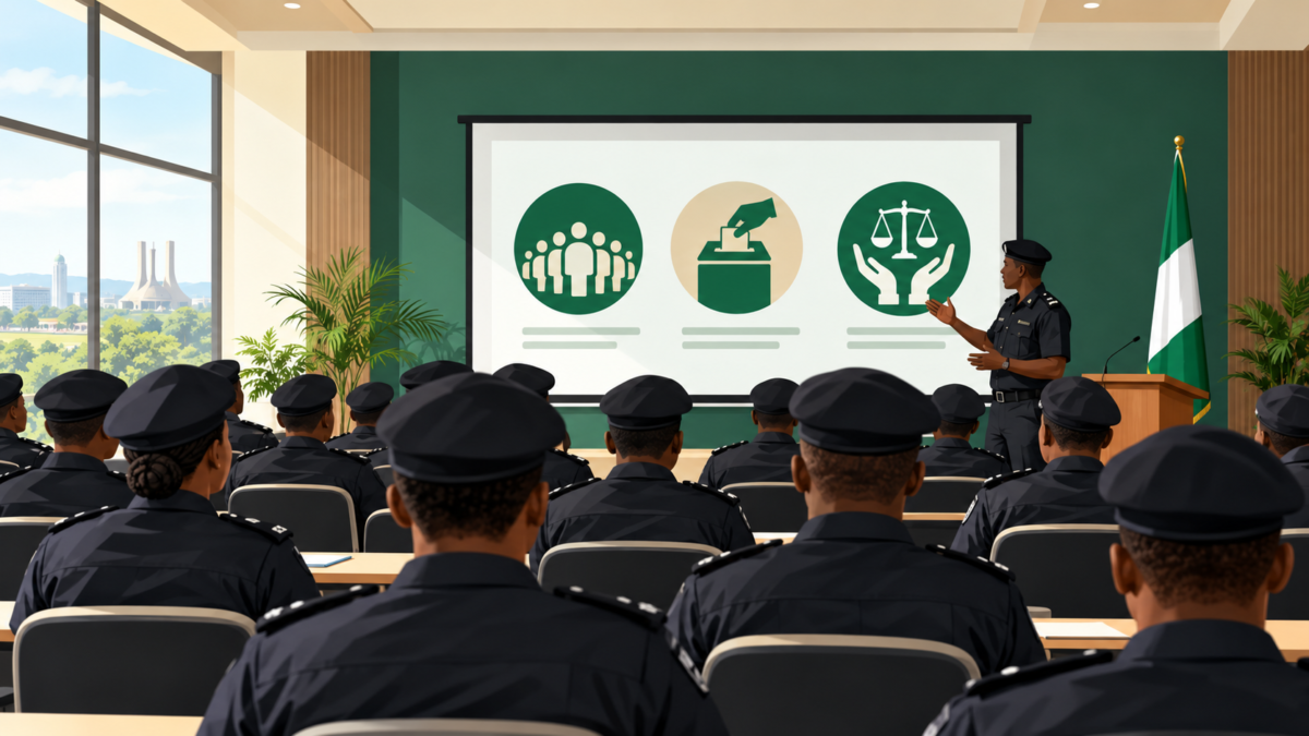 Illustration of a Nigeria police election training session with officers seated at a briefing