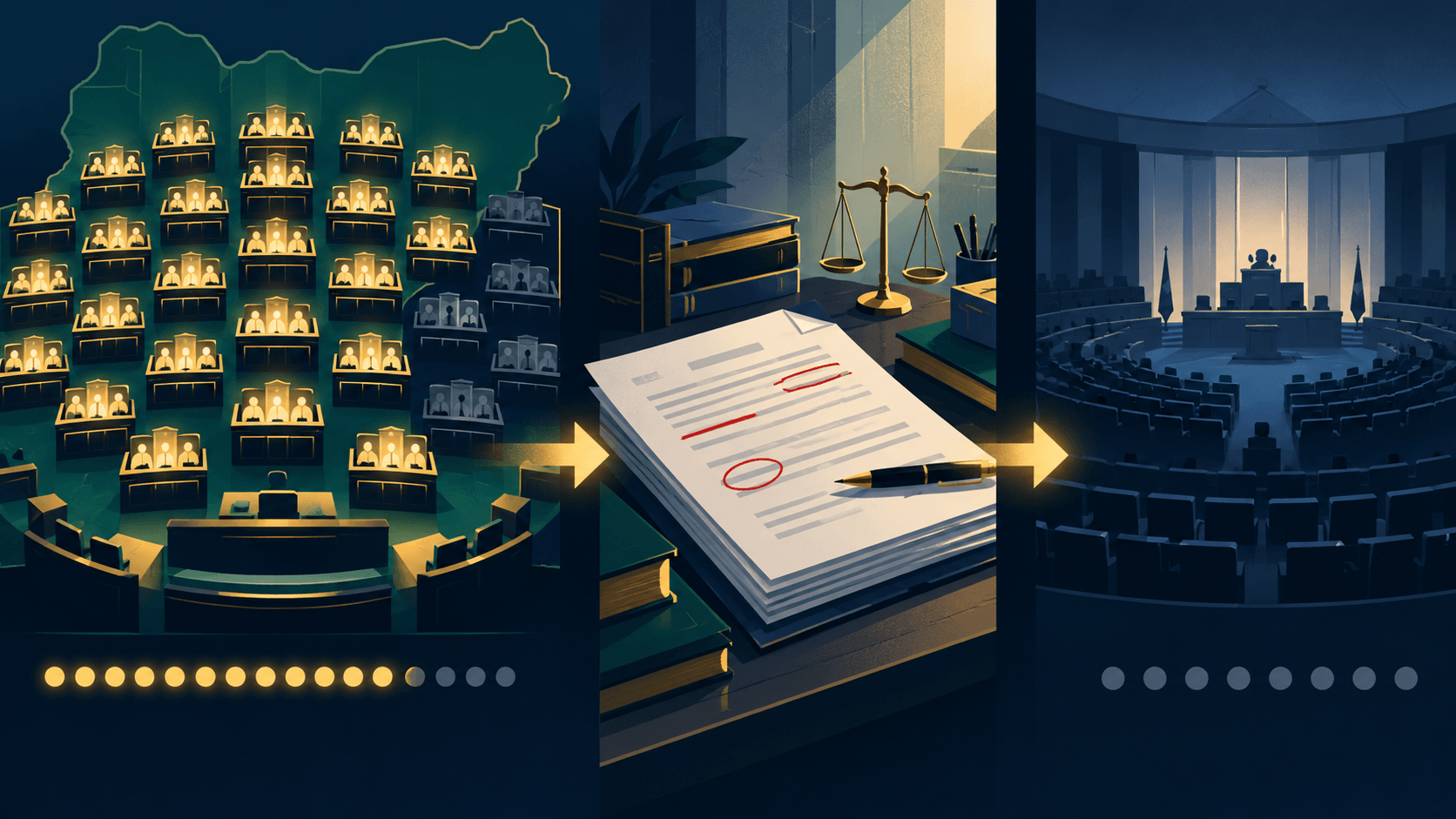 Illustration of the state-police bill moving from assembly approval through legal review to later legislation.