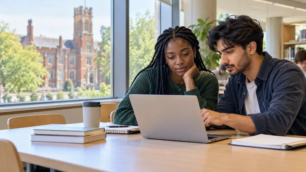 Two international students reviewing university scholarship information on a laptop.