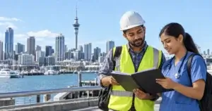 Indian engineer and nurse reviewing a New Zealand job offer beside Auckland harbour