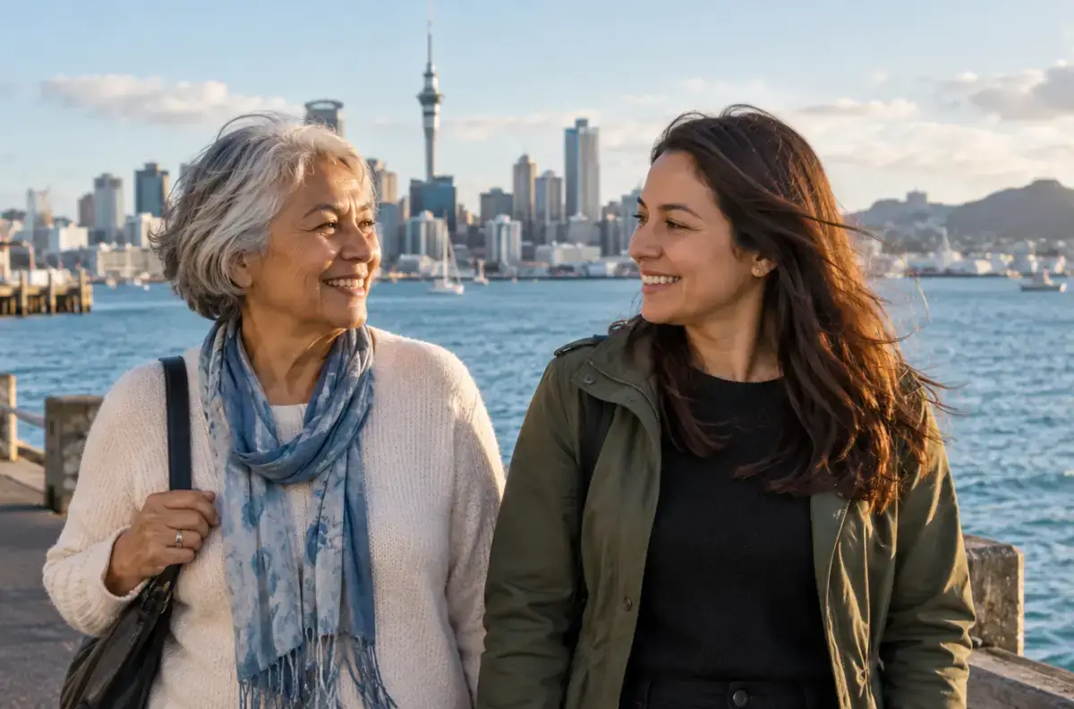 An older parent and adult daughter walking together beside Auckland harbour.