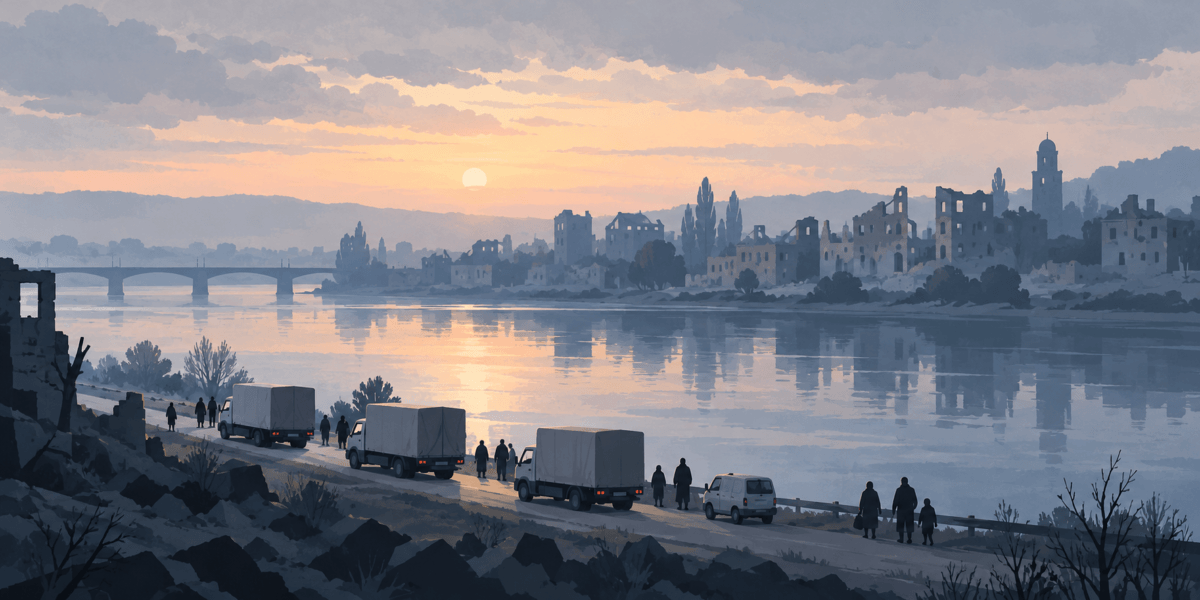Illustration of aid vehicles travelling along a riverfront; fictional and not a depiction of Oleshky.