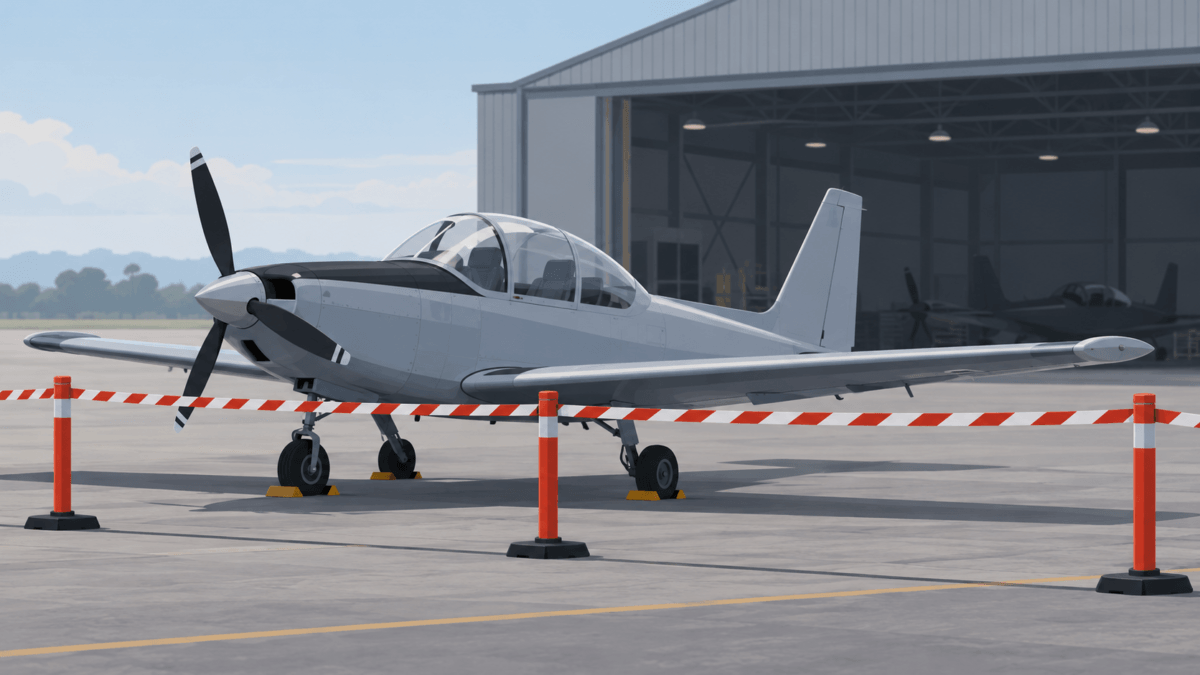 Illustration of a generic trainer aircraft behind a grounding line; not a real aircraft or crash scene.
