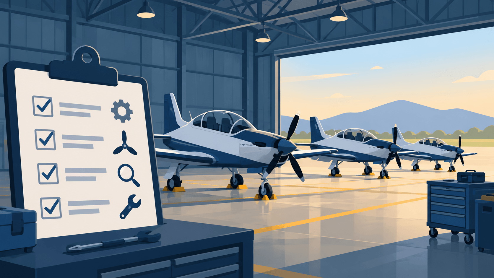 Conceptual trainer aircraft in a hangar beside a safety checklist; illustration only, not Philippine Air Force aircraft or the incident.