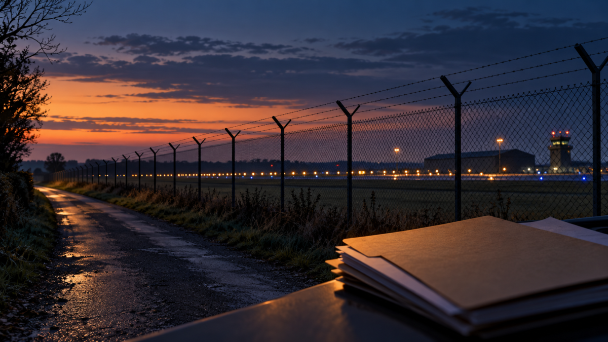 Illustration of a generic airfield perimeter at dusk with runway lights and a case file in the foreground