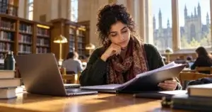 Graduate applicant reviewing UK university scholarship papers in a library