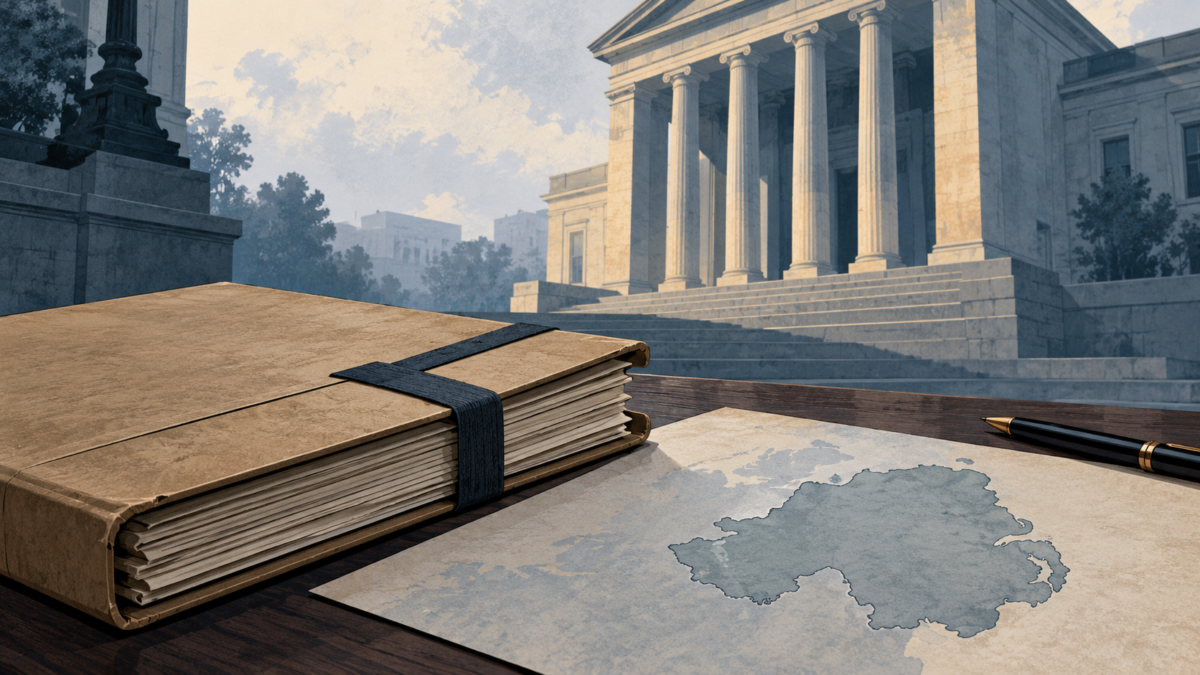 Illustration of a courthouse and closed case file on a map-like outline of Northern Ireland