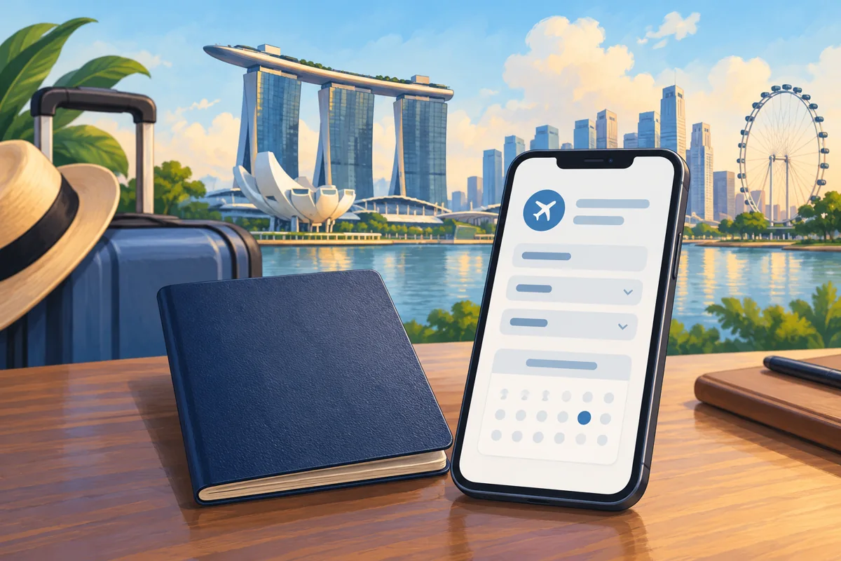 Conceptual illustration of a passport and phone form beside luggage, with Singapore's waterfront in the background
