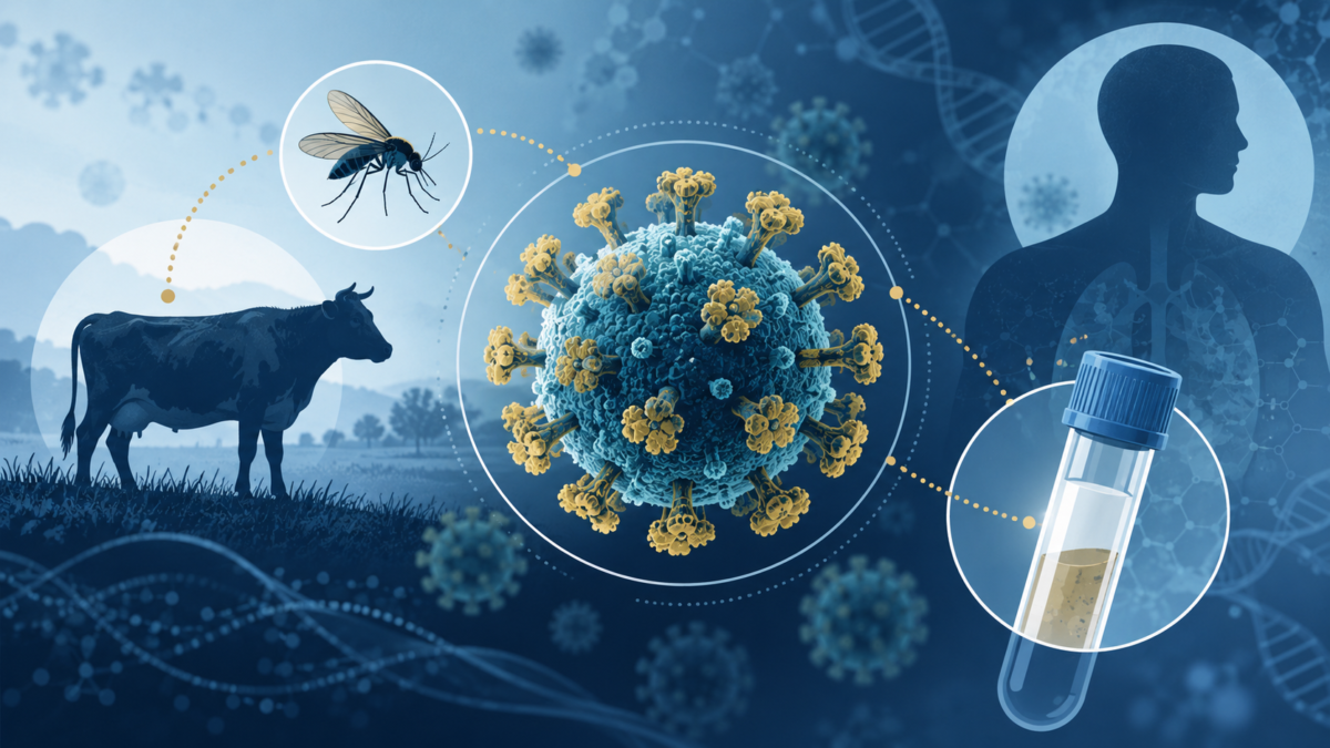 Illustration of Shamonda virus, a biting midge, livestock and a sample vial; it does not depict the reported patient or a real event.