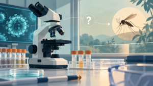 Illustration of a Shamonda virus laboratory investigation, sample and biting midge; it does not depict the patient or a real lab.