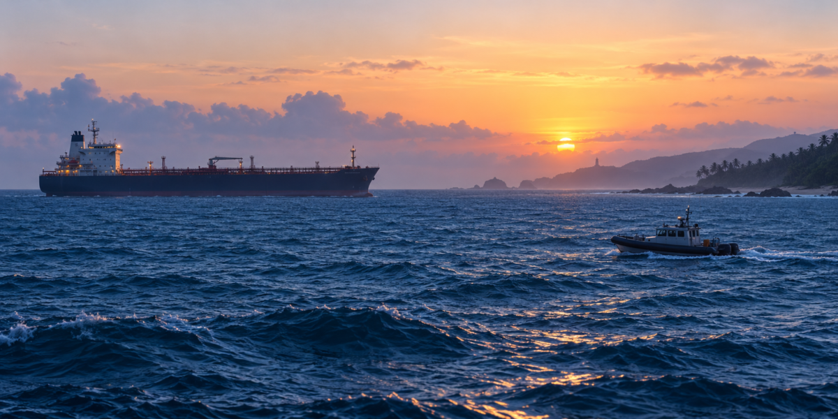 AI illustration of a commercial tanker offshore and a rescue craft near a tropical coastline