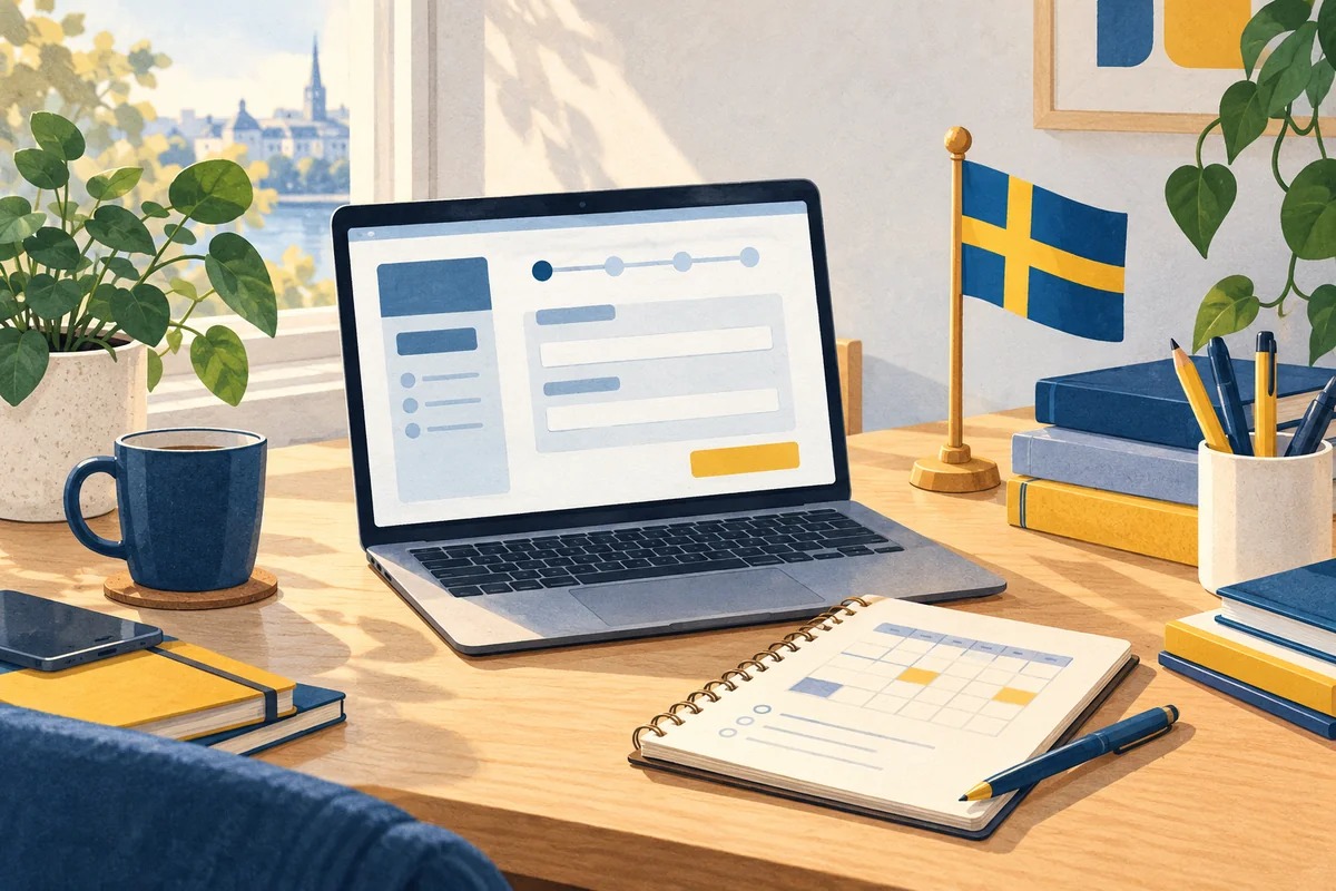 Illustration of a laptop application form, books and a Swedish flag on a study desk