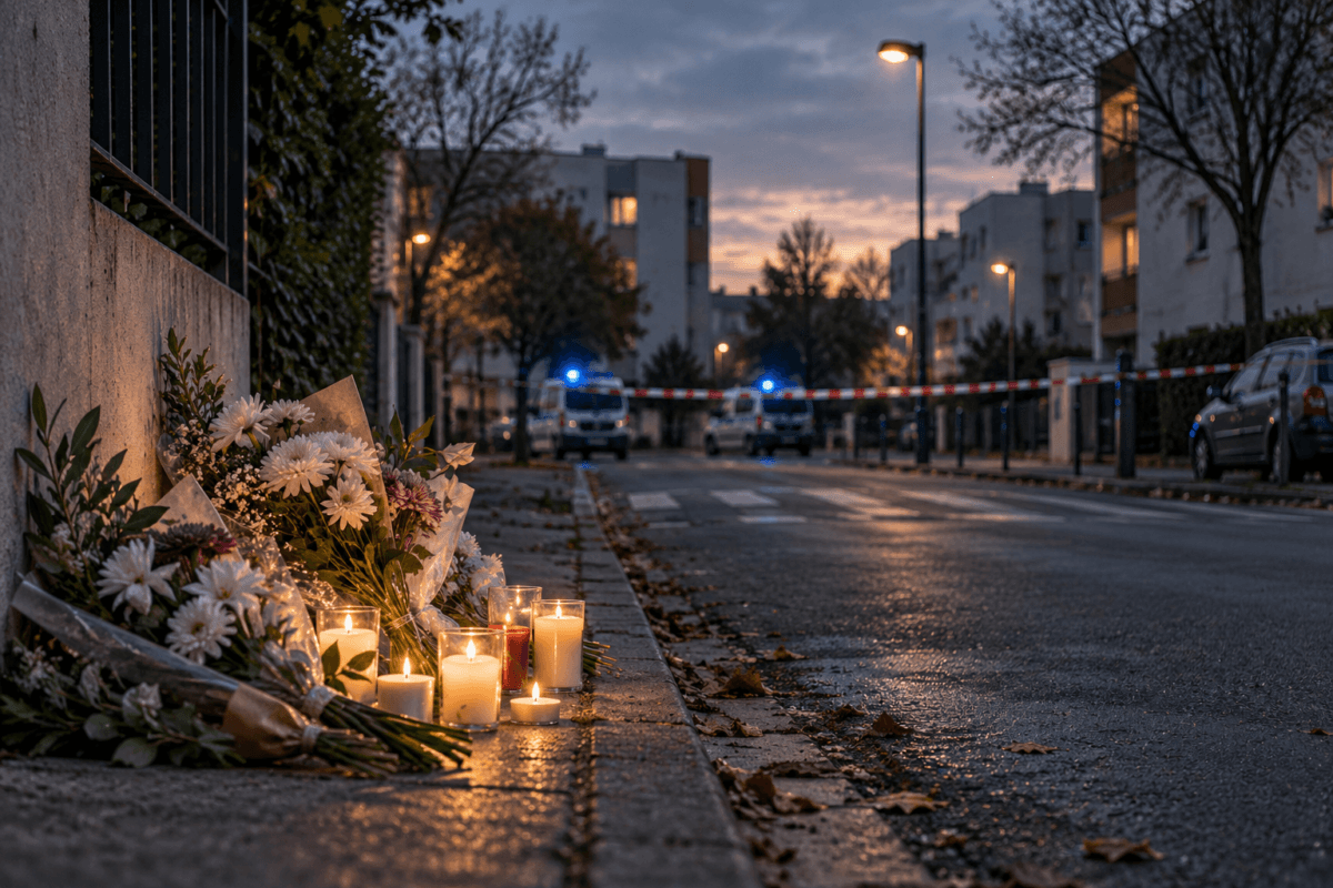 Illustrative artwork of flowers and candles beside a quiet suburban street, created for the Trappes shooting explainer; not a photograph of the attack.