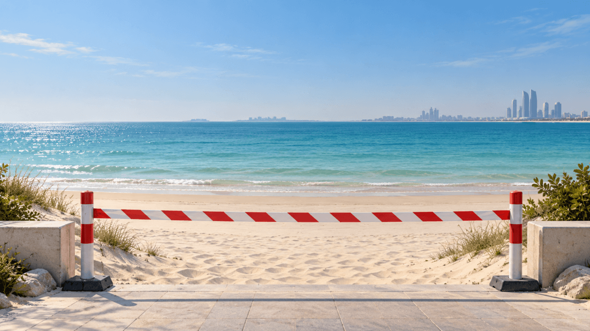 Illustration of an empty Gulf beach closed with a safety barrier; conceptual image, not a real UAE beach or current closure scene.