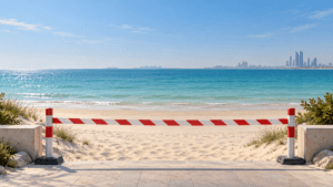 Illustration of an empty Gulf beach closed with a safety barrier; conceptual image, not a real UAE beach or current closure scene.