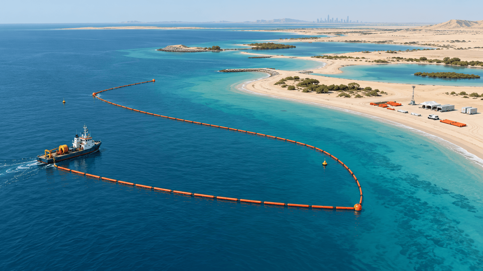Conceptual aerial illustration of a generic Gulf shoreline and oil spill response booms; not a real spill or location.