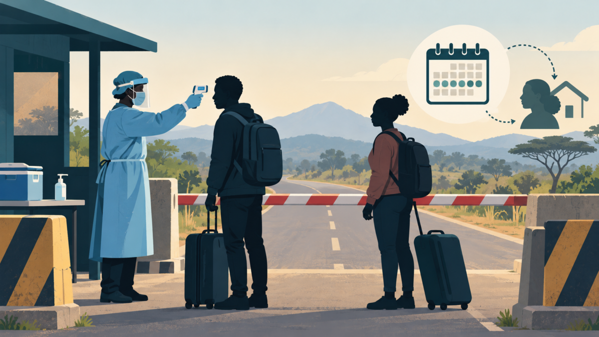AI illustration of a conceptual border-health screening point for Uganda's Ebola quarantine rule