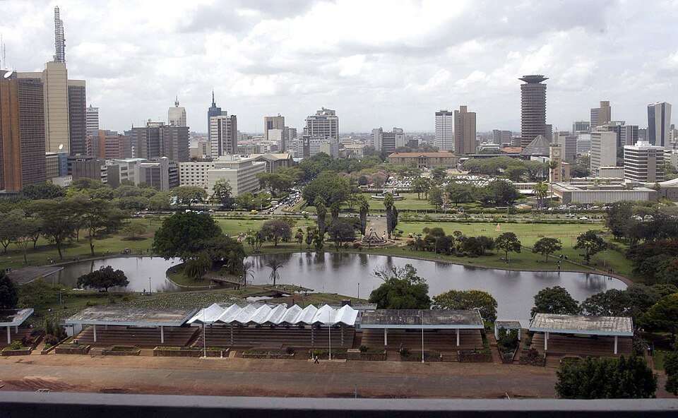 Nairobi skyline, lawns and lake viewed from Uhuru Park in 2005