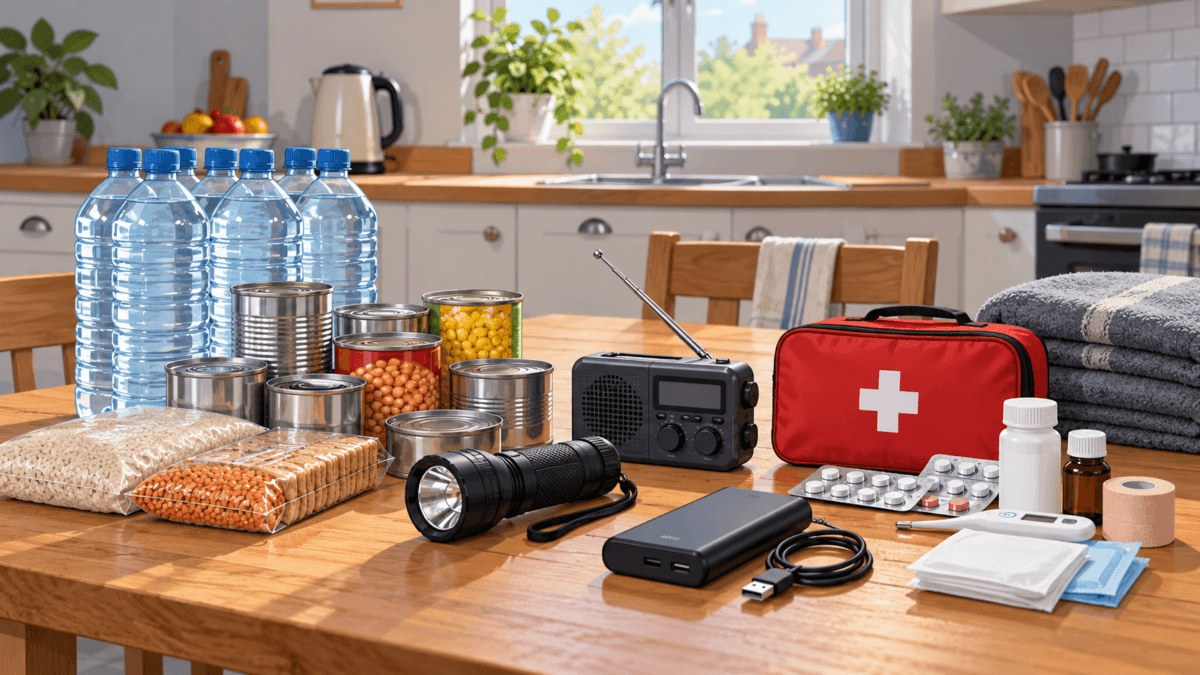 Illustrative arrangement of household water, food, a radio and first-aid supplies for short disruptions