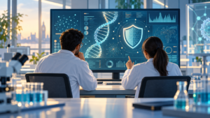 Conceptual illustration of researchers reviewing AI-assisted biological threat data; not a real UK government lab or staff.