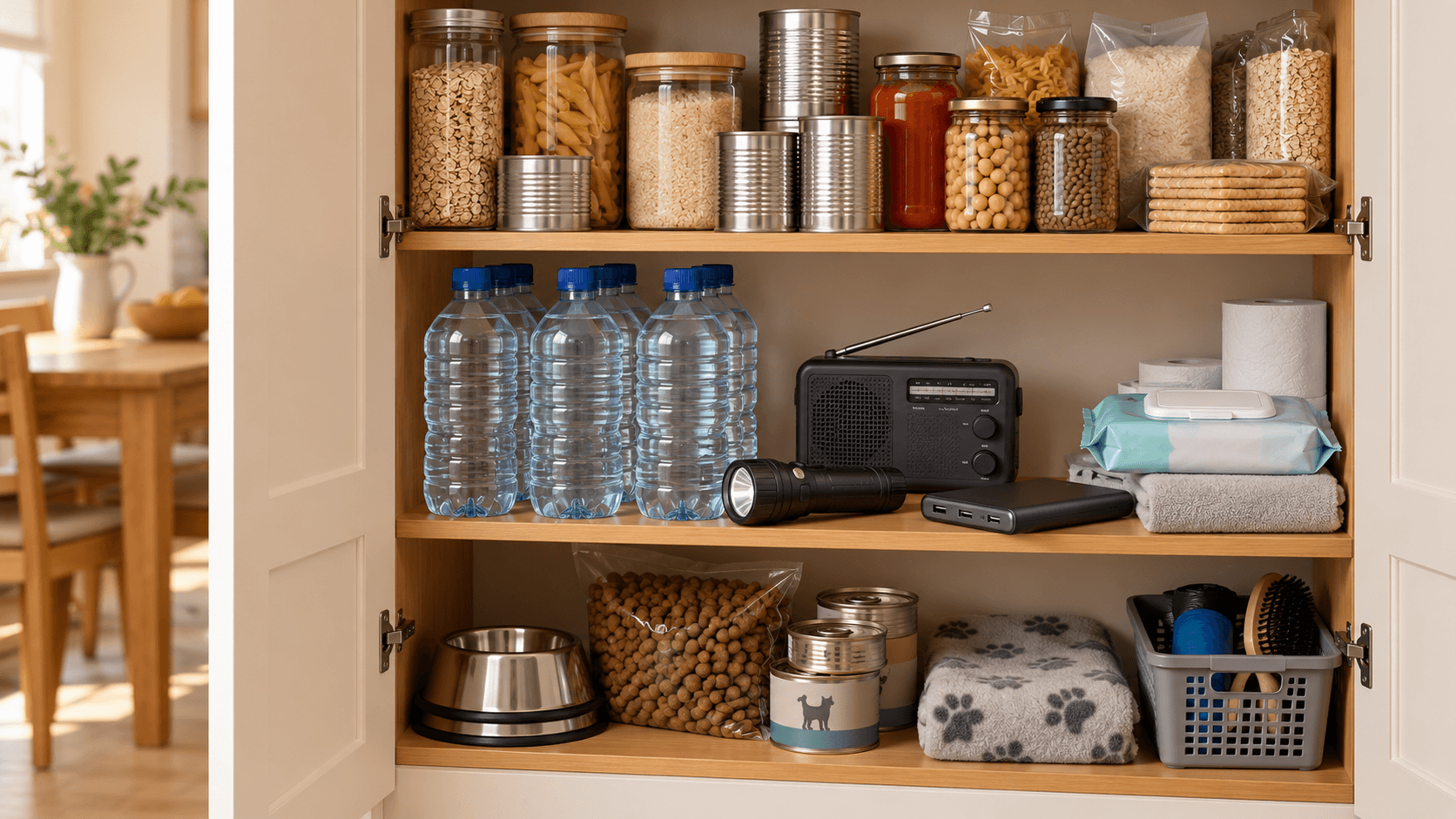 Illustration for UK 72-hour emergency advice: generic household cupboard with food, water, radio and charging supplies