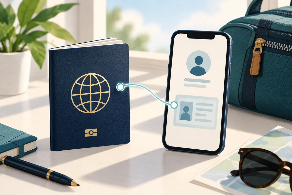 Conceptual illustration of a fictional passport linked to a smartphone profile beside a travel bag