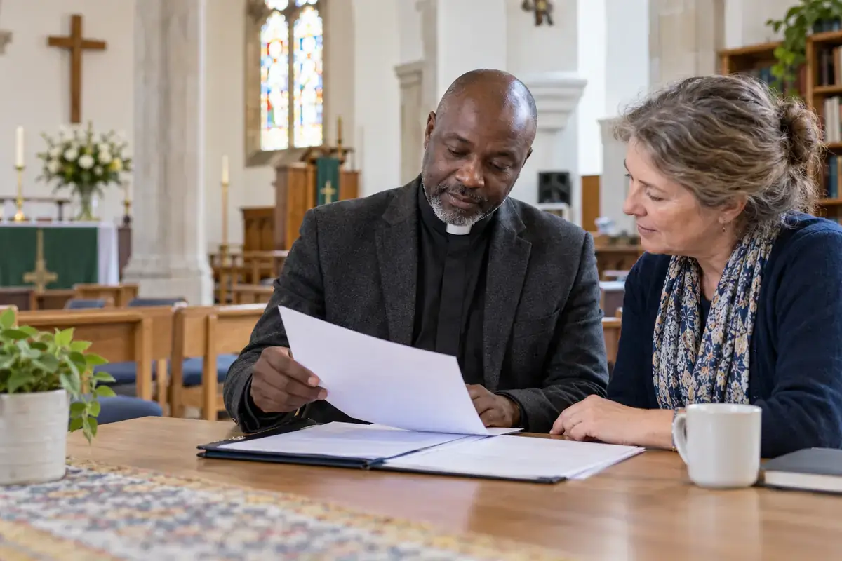 A faith leader and community volunteer review sponsorship papers in a church.