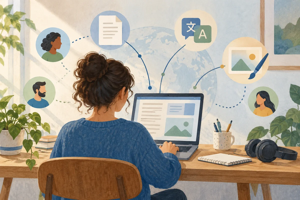 Illustration of a person using a laptop at home with document, translation and design symbols for remote collaboration