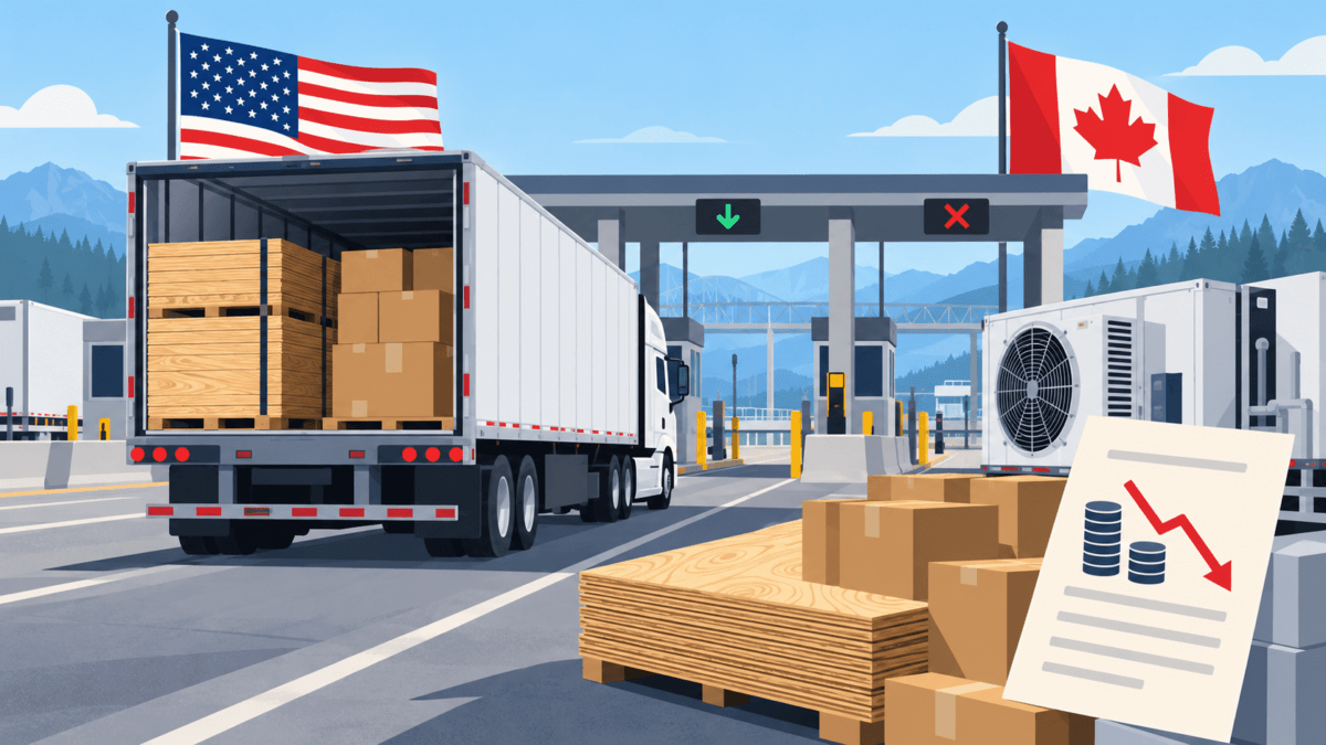 Illustration of US and Canadian flags beside a trade shipment; conceptual image, not a real event.