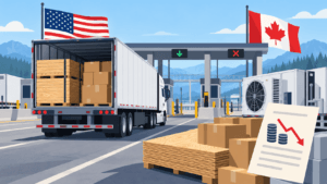 Illustration of US and Canadian flags beside a trade shipment; conceptual image, not a real event.