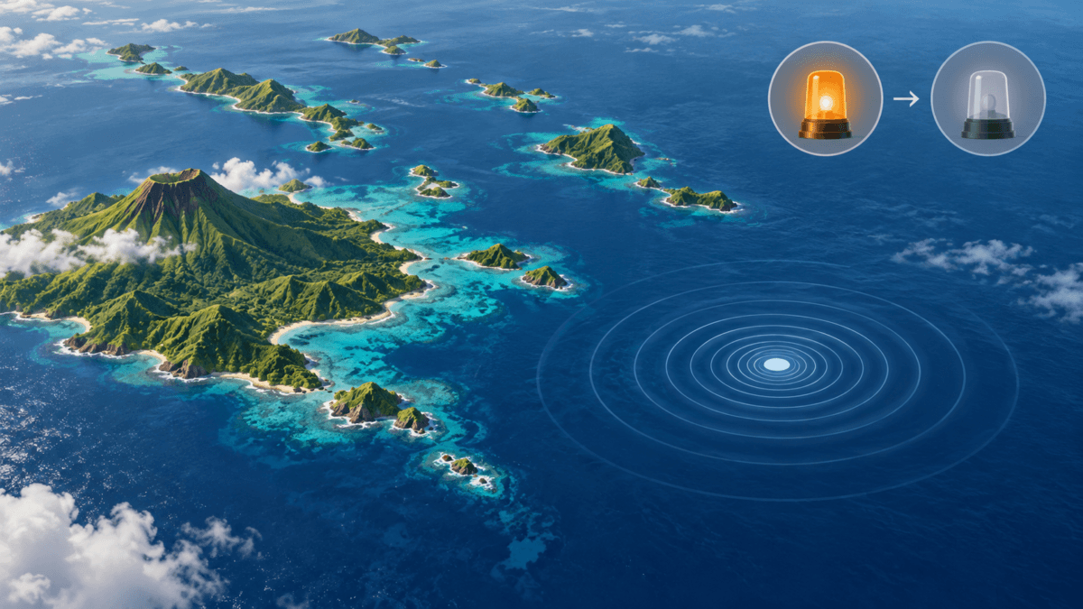 Conceptual illustration of Vanuatu islands, offshore seismic waves and a tsunami alert being lifted; not a real map or photograph.