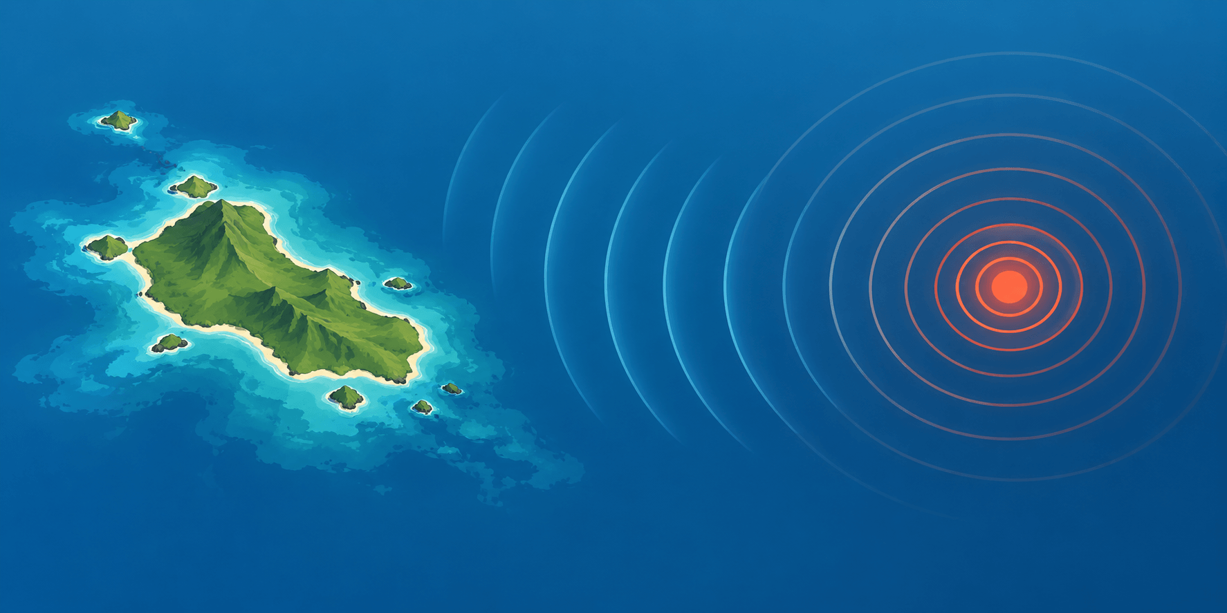 Conceptual diagram of tsunami hazard zones fading near a generic Pacific island after an offshore earthquake; not a real map or observation.