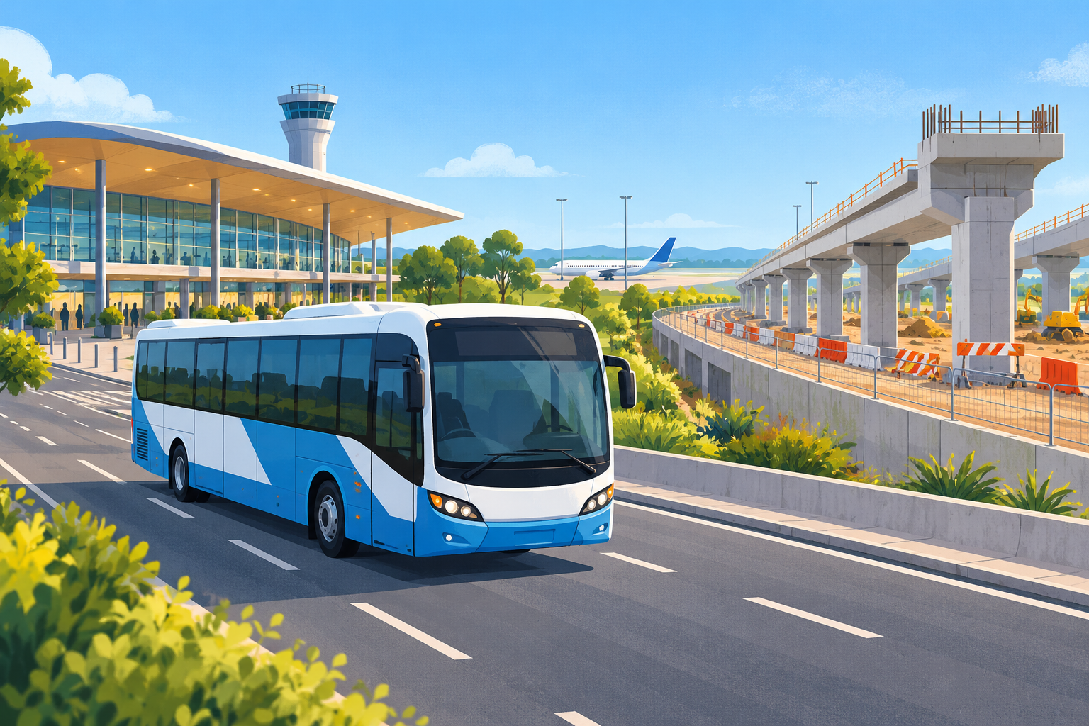 AI illustration of a generic airport bus beside unfinished elevated rail works; it does not show Sydney’s actual routes